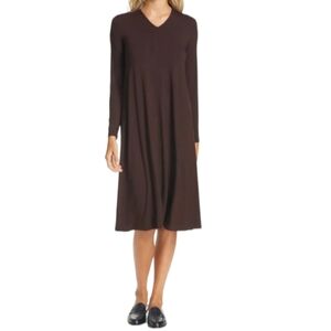 EILEEN FISHER Brown V Neck Long Sleeve Shift Dress Size M